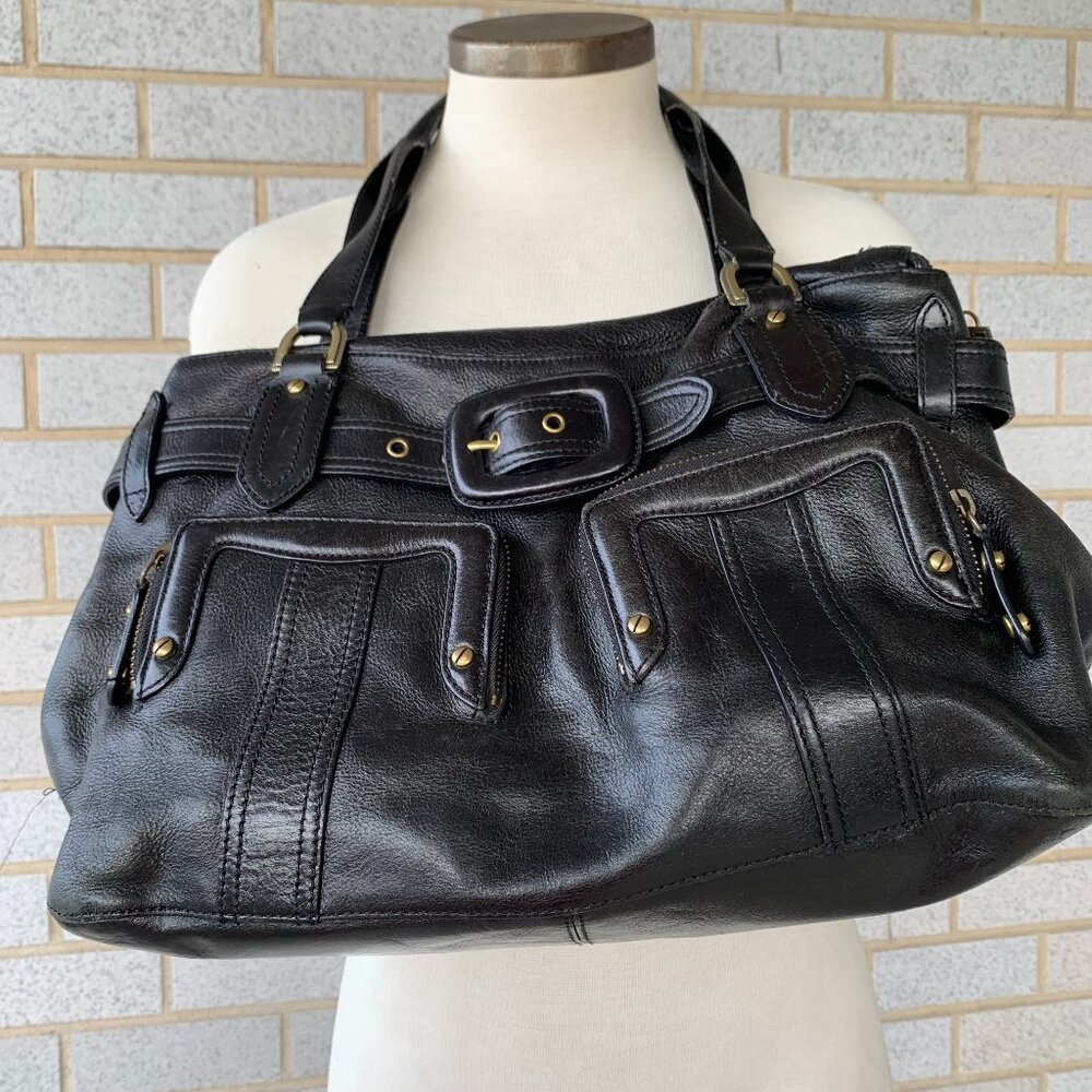COLE HAAN SADDLE BLACK LEATHER DOUBLE HANDLE BELTED STUDDED PREPPY SHOULDER BAG